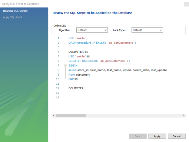 MySQL Stored Procedure: Review the code generated by MySQL workbench