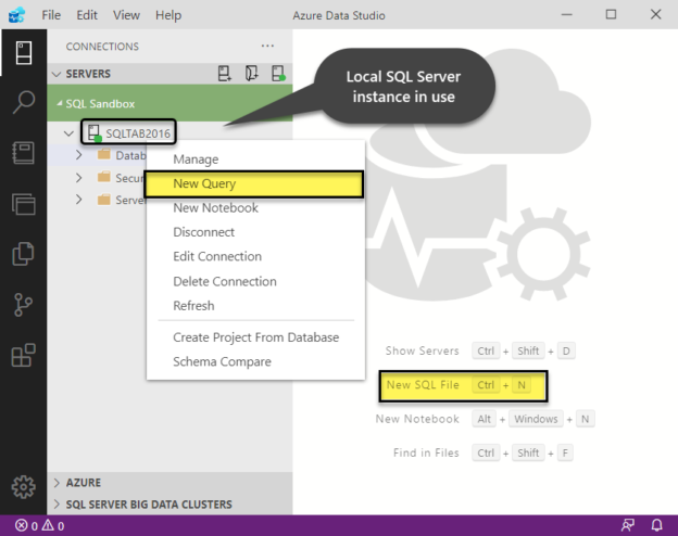 Creating a new query against the SQL Server instance in use