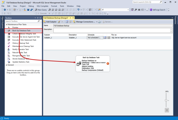 Drag and drop Backup database task