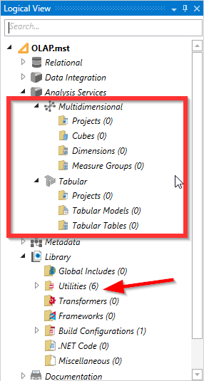 Logical view showing that SSAS OLAP cube object was not recognized by BimlStudio