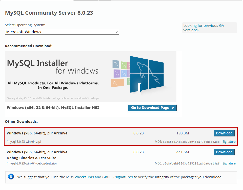 mysql database download windows 7