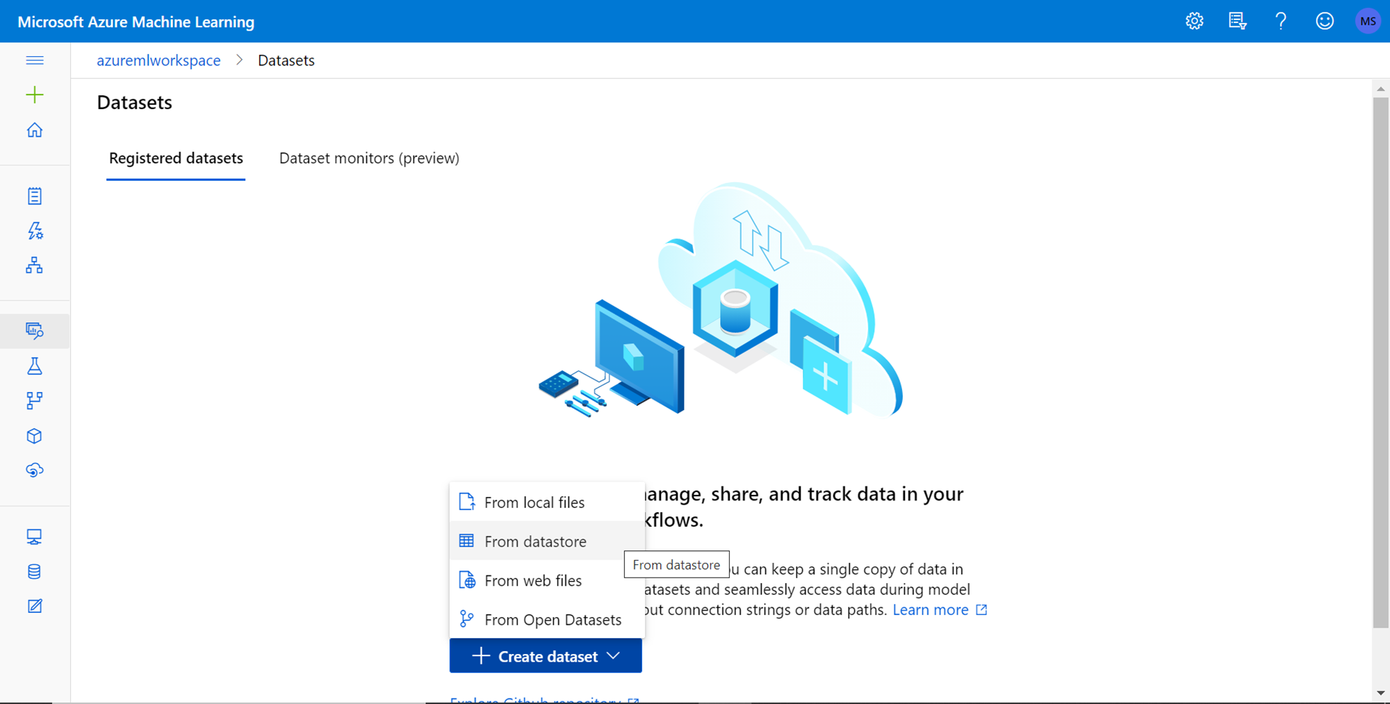 Azure machine learning store datasets