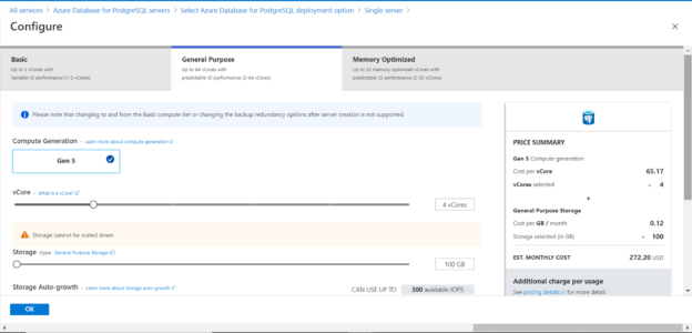 Single Server option - General Purpose Tier