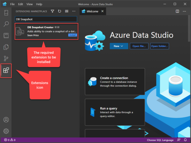 Searching DB Snapshot Creator extension in the Extensions section of Azure Data Studio