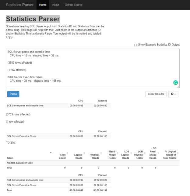 Using Statistics Parser and SET STATISTICS TIME ON