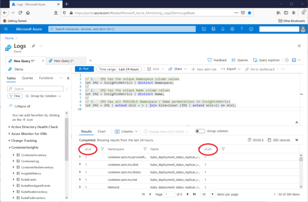 The Kusto query language handles joined table columns with the same column names.