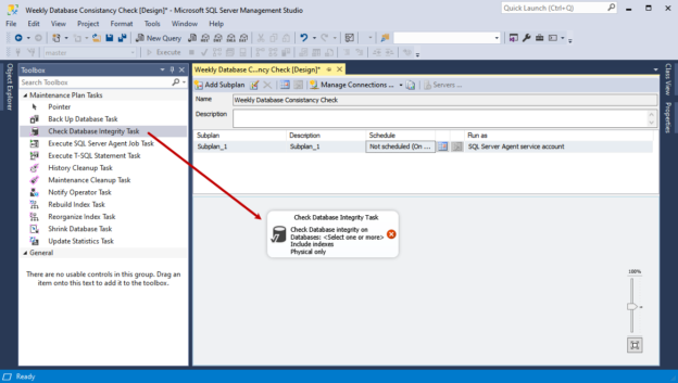 Drag and drop rhw maintenance plan to perform SQL Server dbcc checkdb