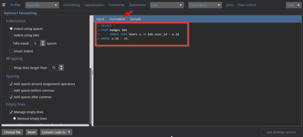 Formatted SQL command