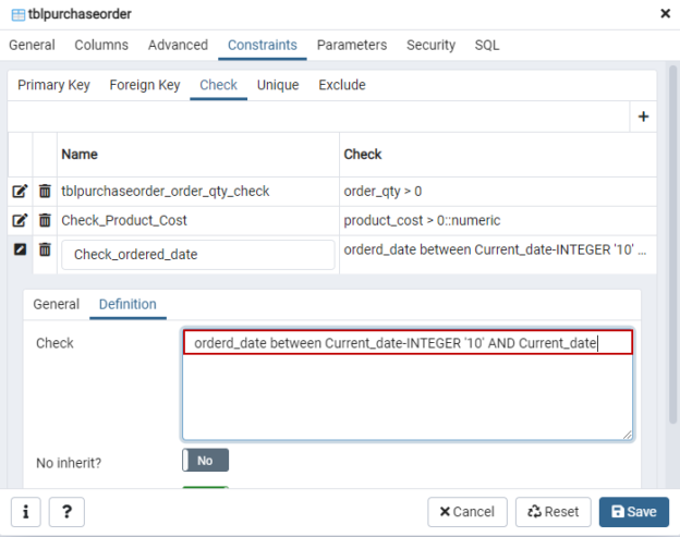 Specify the postgres Check constraint definition