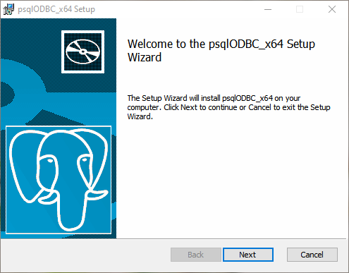 Welcome screen of psqlODBC setup