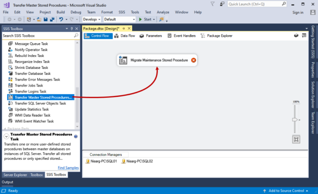 Add Transfer master stored procedure task in SSDT 2017 control flow