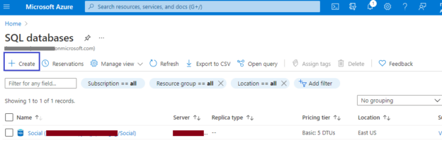 Azure SQL database dashboard page