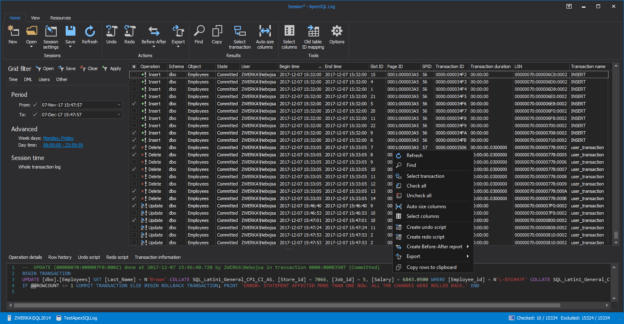 Exploring a SQL log with a SQL Server logs reading tool