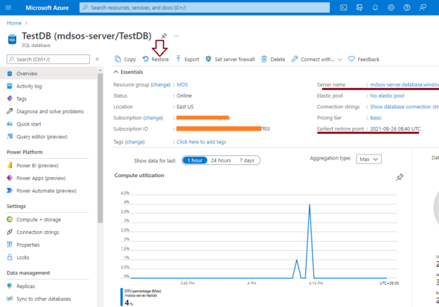 Restore Azure SQL database