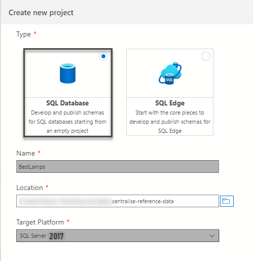 Configuring SQL Database Project: Type: SQL Database Name: BestLamps Target Platform: SQL Server 2017