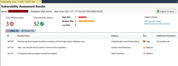 Database security testing using SQL Server Vulnerability Assessments