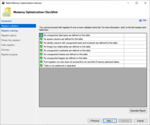 Migrating disk-based tables to memory-optimized tables of a SQL database