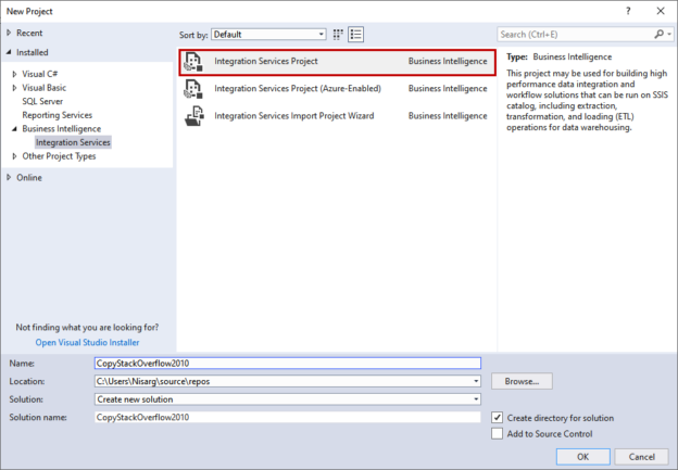 visual studio 2017 sql server integration services project