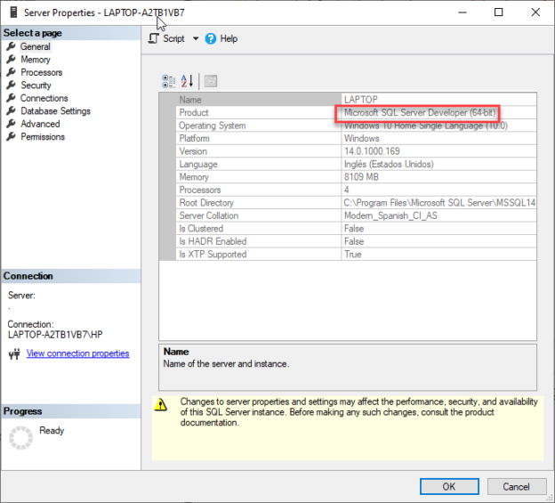 Properties to check the SQL Server Edition