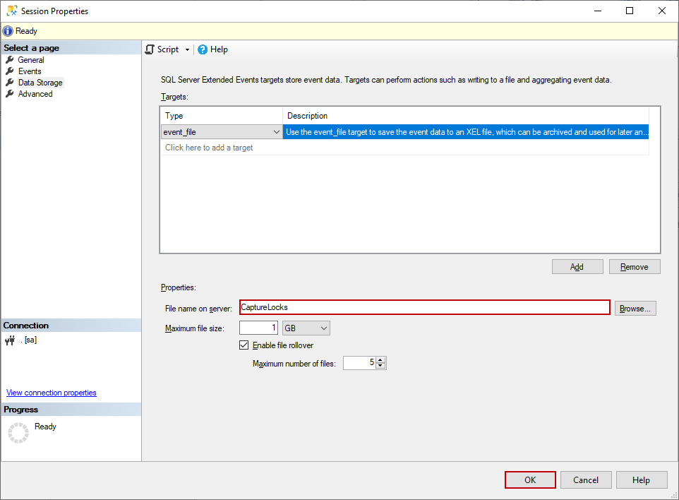 Setting the extended event storage type for a SQL delete statement 