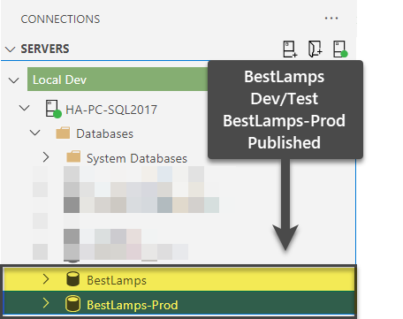 Viewing published Dev/Test and Production BestLamps databases 