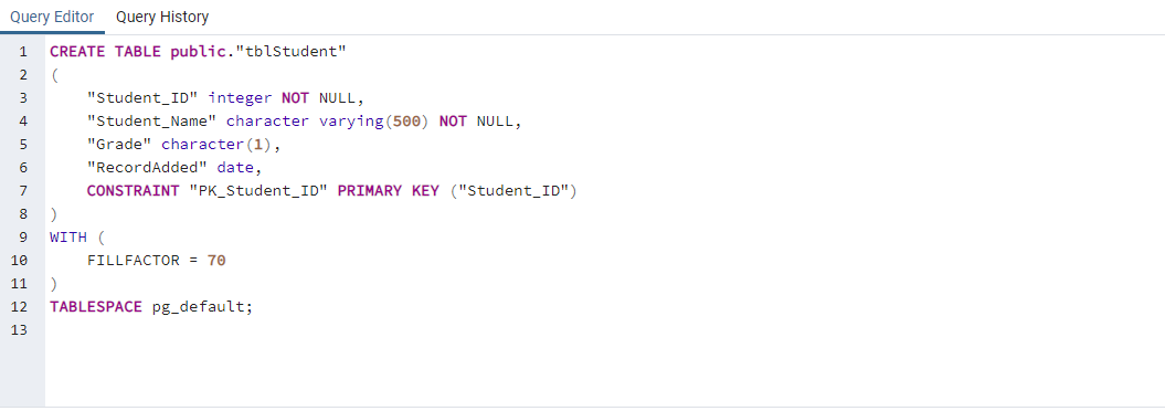 Create table tblStudent