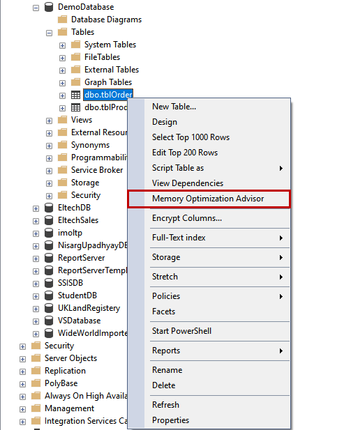 Open memory optimization advisor of SQL Database