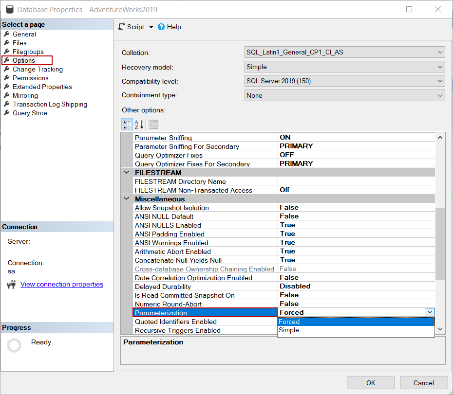SQL Server database Parameterization option and query performance
