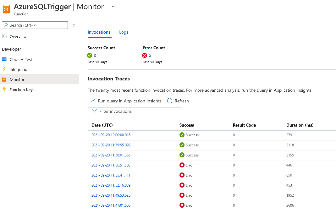 Azure function execution Monitor