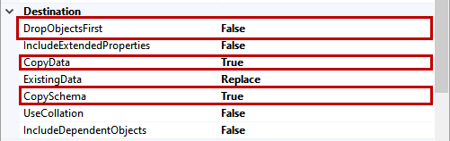 Configure the destination section of transfer SQL Server object task