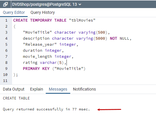 Create temp table with primary key