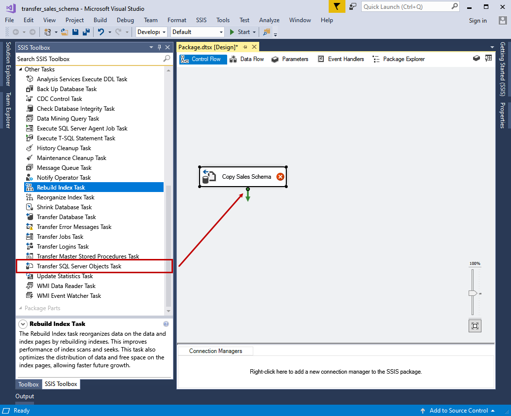 Drag and drop transfer database object task in SSDT 2017