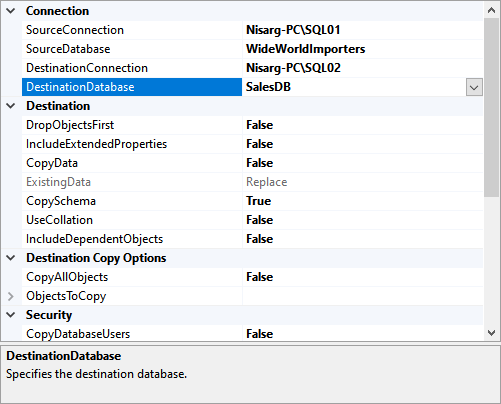 View destination database and connection