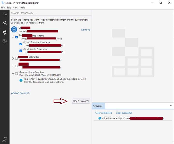 Connect to Azure storage using storage explorer