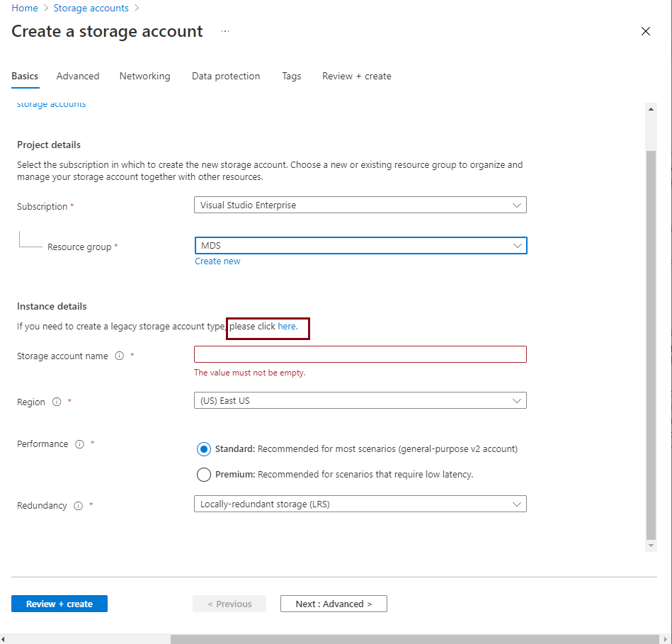 Launch Create storage account screen