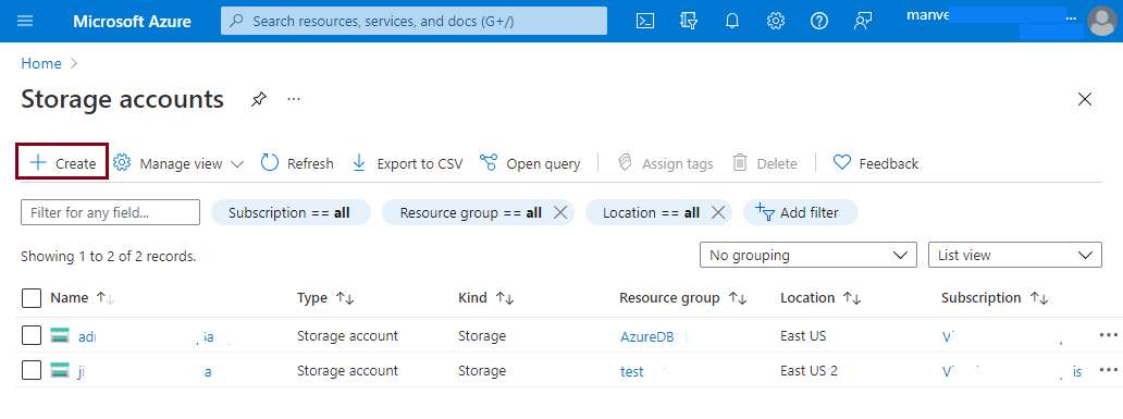 Launch storage accounts window to create Azure storage account