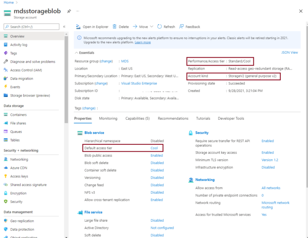 Overview page of storage account after upgrade