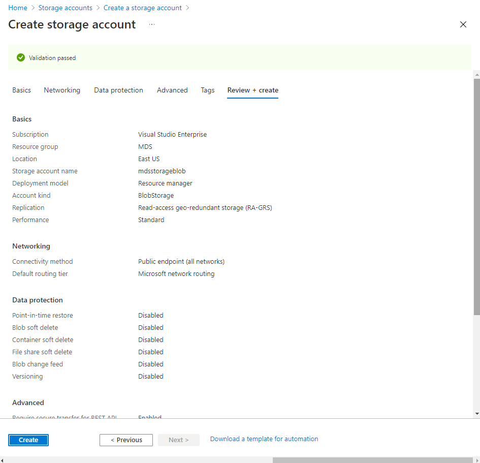Review and create a storage account