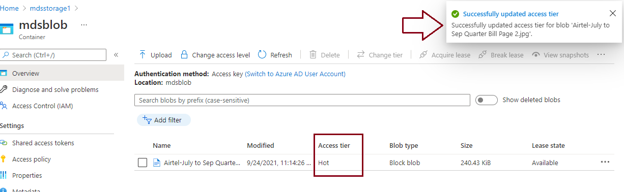 Validate access tier change for a blob