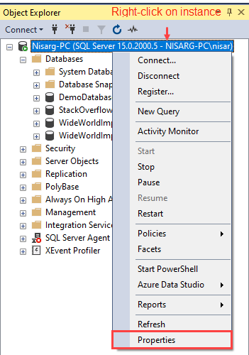 Open SQL Server instance properties