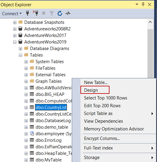 SQL Server Management Studio design table