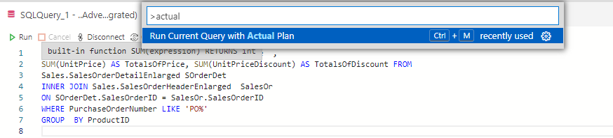 Run Current Query with Actual Plan option in Azure Data Studio