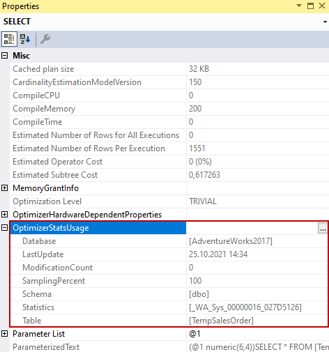 SQL Server query plan OptimizaerStatsUsage attribute