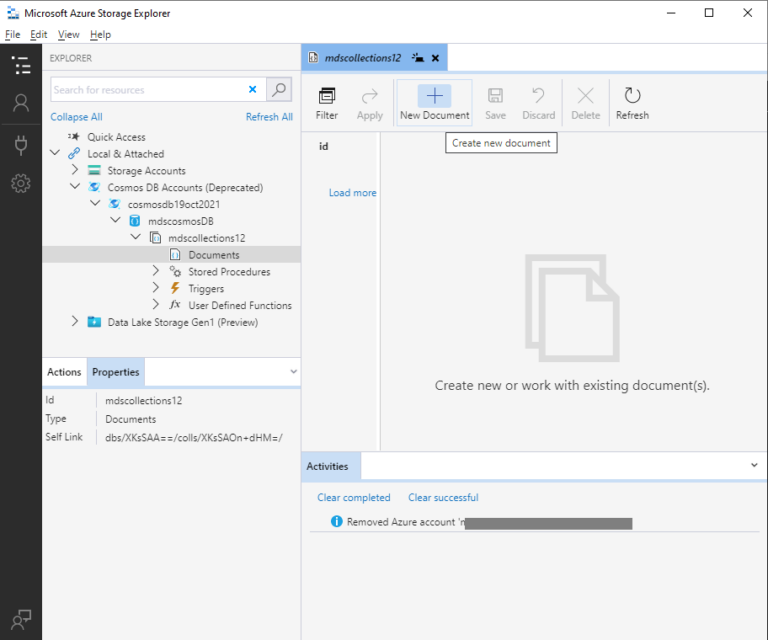 Managing Cosmos DB using Azure storage explorer