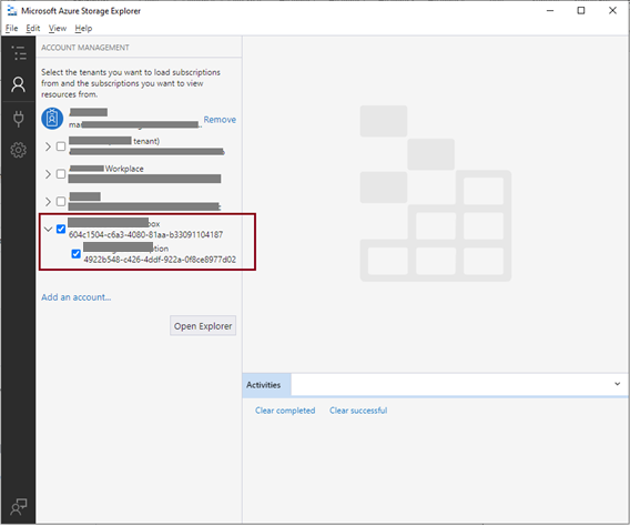 Connect to Azure account using storage explorer