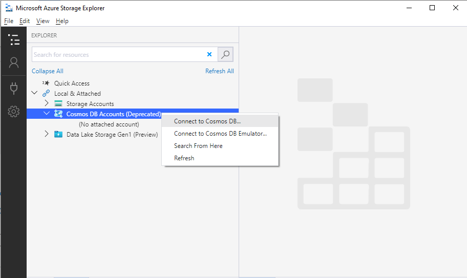 Connect to cosmos db account using Azure storage explorer