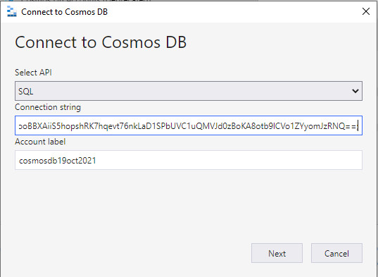 輸入 cosmos db 賬戶的連接字符串