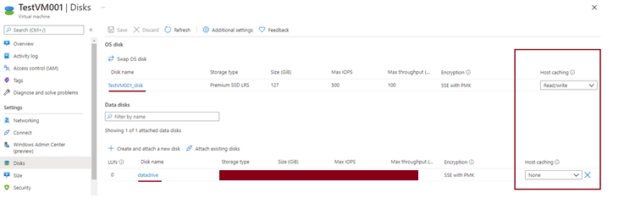 Host caching of Azure storage disk