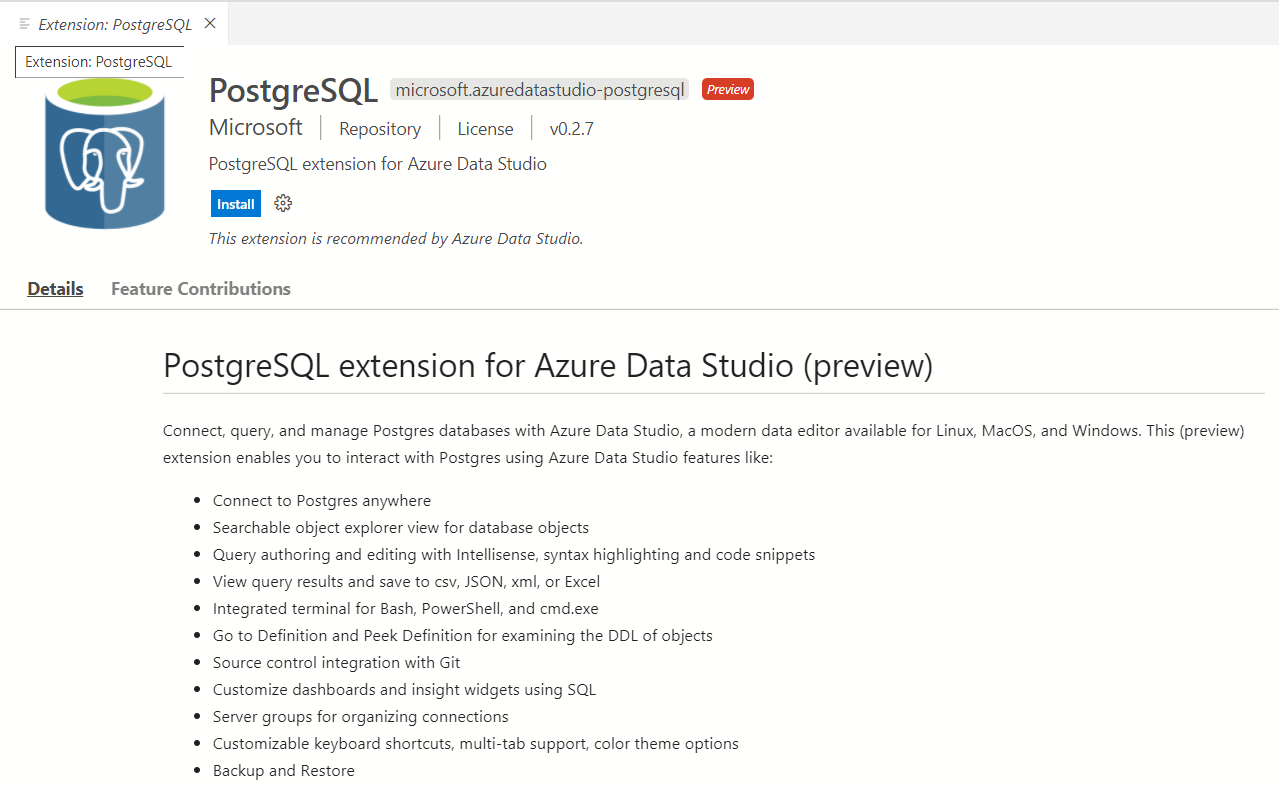 Extension PostreSQL pour Azure Studio