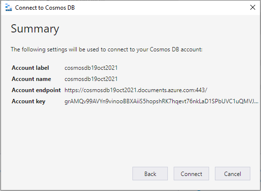 Verify connection string while connecting  to cosmos db account